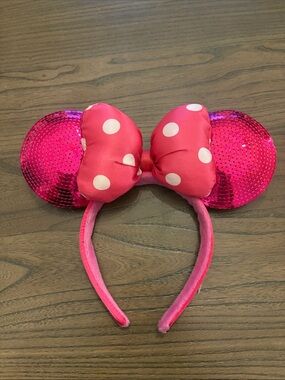 Disney Pink Sequin Minnie Mouse ears with Polka Dot Bow